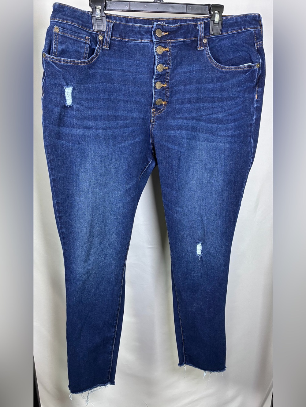 Time and Tru High Rise Curvy Dark Blue Button Fly Distressed Skinny Jeans - 18